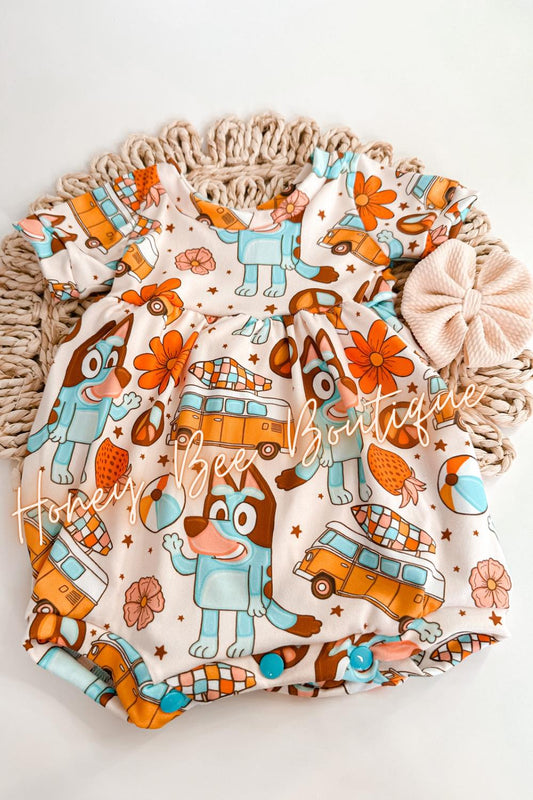 Boho Blue Dog Bubble Shorts Romper